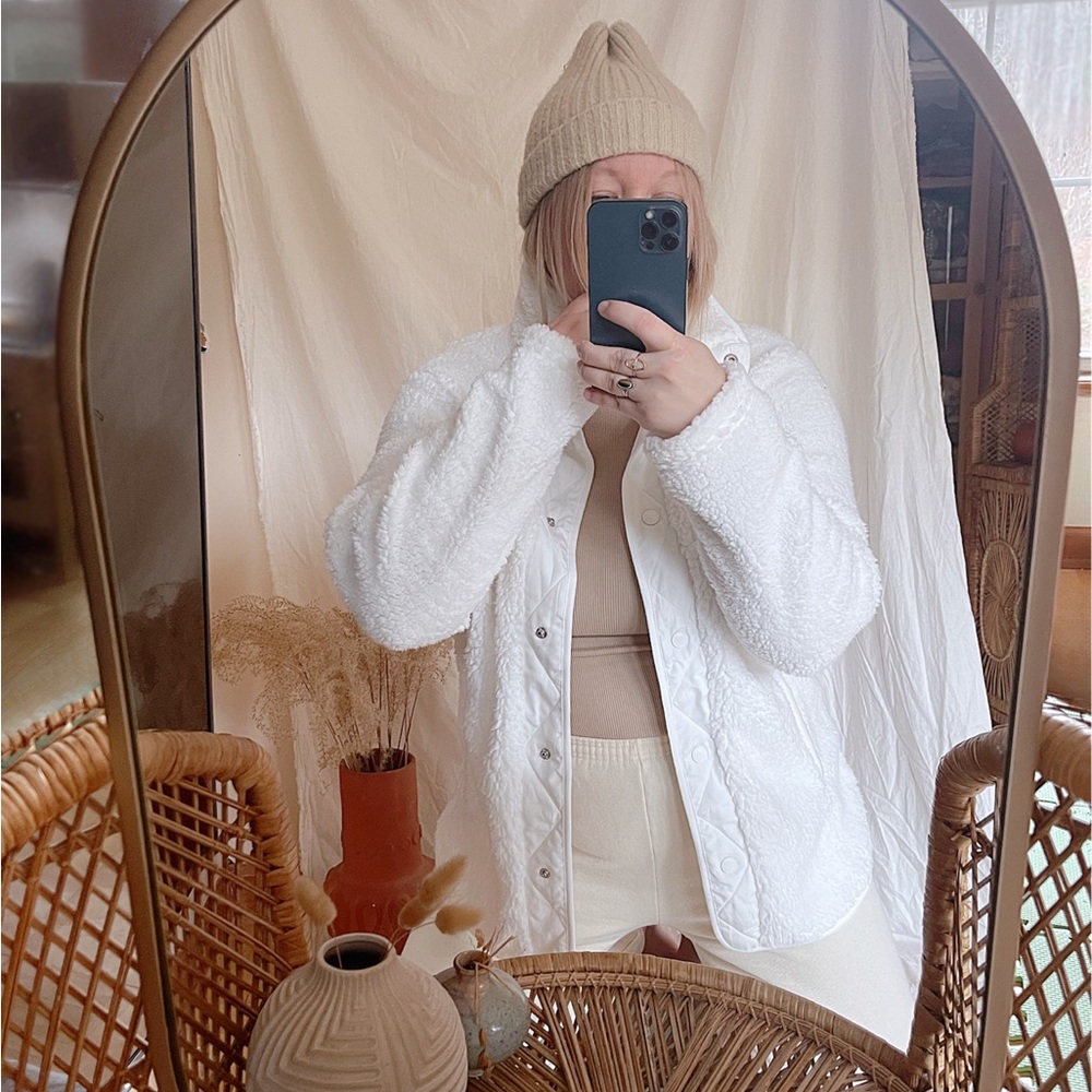 White Sherpa cozy button-down jacket with quilted details coat shacket sweater